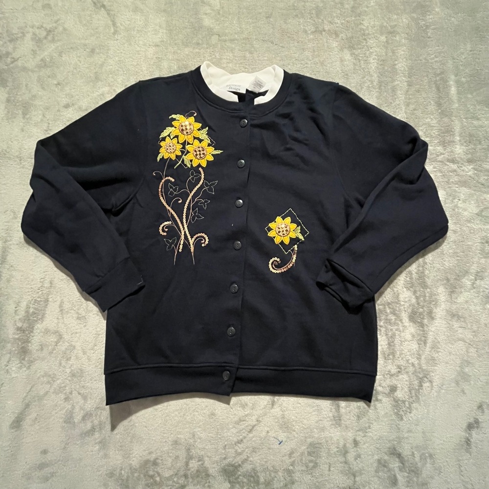 Hartfield Design Cardigan Sweatshirt Women XL Navy Blue Sunflower Sequin Floral